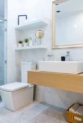 Spacious and bright modern bathroom interior with white walls, a shower cabin with glass wall, a toilet and faucet sink