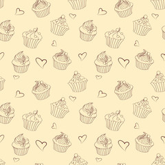 Seamless pattern of outlines delicious Christmas cupcakes