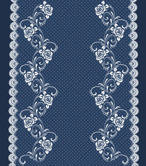Vector floral border. Ribbon lace edging pattern. Curly flowers and a scattering of dots