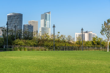 Obraz premium beautiful green meadow near modern office building.