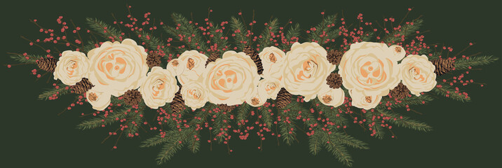 Christmas floral border. Bouquet of peonies on a spruce branch with cones. Festive decoration. Vector