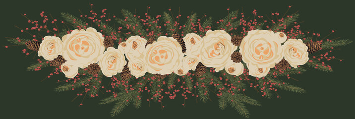 Christmas floral border. Bouquet of peonies on a spruce branch with cones. Festive decoration. Vector © irinazubra