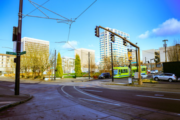 Portland Streetcar, that opened in 2001 and serves areas surrounding downtown Portland. Near by Oregon Convention Center.