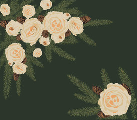 Christmas floral elements. Bouquet of peonies on a spruce branch with cones. Vector