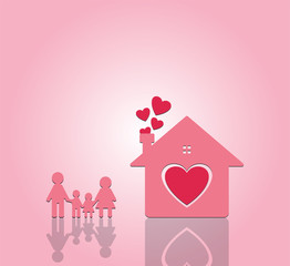 Happy family at home. Mom and Dad stand hand in hand with boy & girl. Heart inside home on pink background