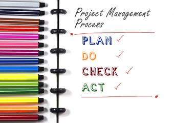 Project Management Process text on white sketchbook with color pen, top view