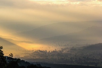 Beautiful mountain landscape under mist in the morning.