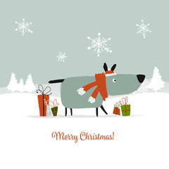 Christmas card, santa dog with gifts. Symbol of 2018