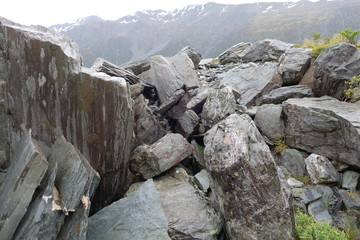 マウントクック、フッカーバレー、岩場