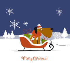 Christmas card, santa dog with gifts. Symbol of 2018