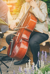 Man playing cello in morning ligth gold