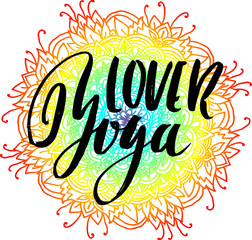 Yoga lover dry brush lettering on mandala pattern background. Yoga typography poster. Vector illustration.