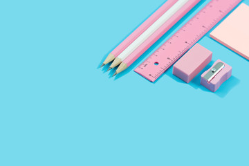 Stationary concept Flat Lay.  Stationary about pencils, paper note, ruler, rubber and Pencil...