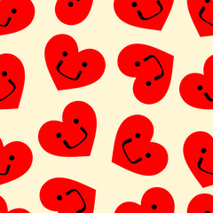 Smile face in red heart-shaped seamless pattern vector. Cute smile face in heart on light yellow background. 