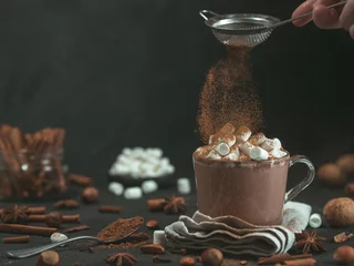  Hand bestrooid kaneelpoeder op glazen mok met warme chocolademelk cacaodrank. Ruimte kopiëren. Donkere achtergrond. Laagdrempelig. Winter eten en drinken concept. © fascinadora