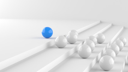Leadership concept, blue leader ball with whites go up the steps, on white background. 3D Rendering.