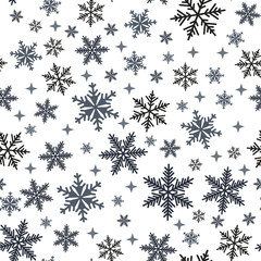 Snowflakes seamless pattern. Snow falls background. Symbol winter, Merry Christmas holiday, Happy New Year celebration Vector illustration