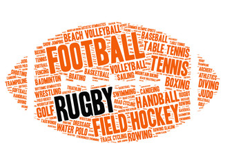 Rugby. Word cloud in the form of rugby ball, white background. Summer sports.