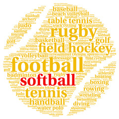 Softball. Word cloud in the form of a ball, white background. Summer sports.