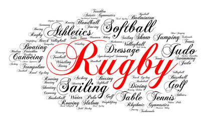 Rugby. Word cloud, elegant cursive font, white background. Summer sports.