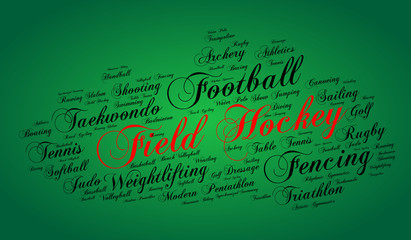 Field hockey. Word cloud , elegant cursive font, green gradient background. Summer sports.