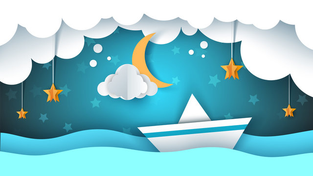 Paper origami illustration. Ship, cloud, star, moon.