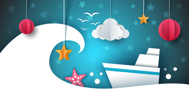 Paper origami illustration. Ship, cloud, star, moon.