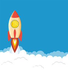 rocket flying over clouds with bitcoin icon