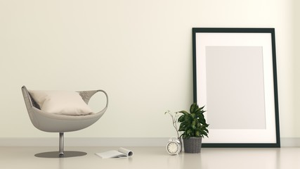 Room interior has a sofa and fame on empty white wall background,3D rendering