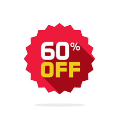 Sale tag vector badge template, 60 percent off sale label symbol, 60 discount promotion flat icon with long shadow, clearance sale sticker emblem, bargain red sign rosette design isolated on white
