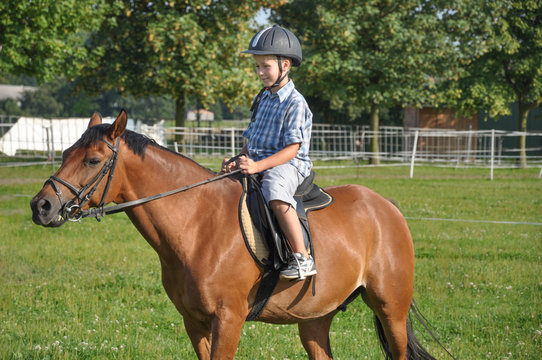 ein 9 jähriger Junge reitet allein auf dem Reitpaltz auf einem braunem Pferd