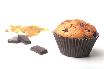 Homemade muffin with raisins and chocolate cupcake. Isolated on white background. selective focus