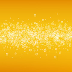 Beer background with realistic bubbles. Cool liquid drink for pub and bar menu design, banners and flyers. Yellow square beer background with white frothy foam. Cold glass of ale for brewery design.