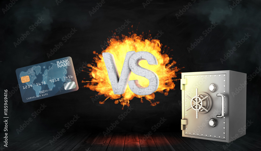 Poster 3d rendering of large concrete letters vs on fire stand between a generic blue credit card and a met