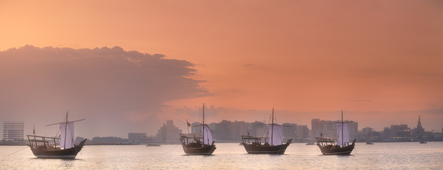 Traditional Arabic Dhow boats in Doha harbour, Qatar