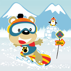 playing snow board with cute animals cartoon