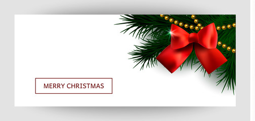 Horizontal Christmas background with red  satin bows and Christmas tree branches for invitation, certificate, banner and flyer. Merry New Year and Happy Christmas. Vector.