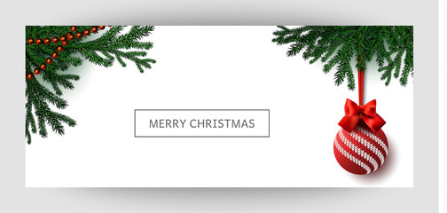 Horizontal Christmas background with red knitted balls with satin bows and Christmas tree branches for invitation, certificate, banner and flyer. Merry New Year and Happy Christmas. Vector.