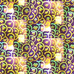 Psychedelic colorful yellow asian seamless pattern. Abstract chinese or korean vector texture with hand drawn symbols, swirls and rectangles for textile, wrapping paper, cover, surface, wallpaper