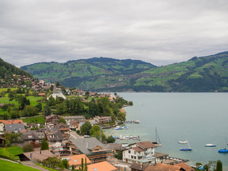 Fototapeta na wymiar Spiez town view from hill at Switzerland