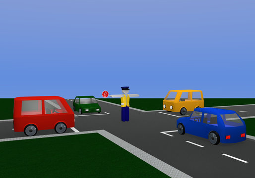 Verkehrsregelung durch einen Polizisten: Stopp mit Kreuzung und bunten Autos.