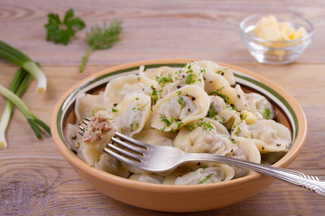 Pelmeni. Dumplings, filled with meat, ravioli