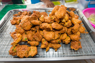 Deep fried Curry paste ocean fish or Fish curry pancake in the market.Thailand.