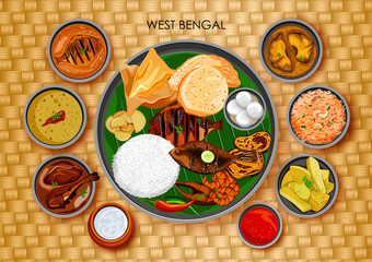 Traditional Bengali cuisine and food meal thali of West Bengal India