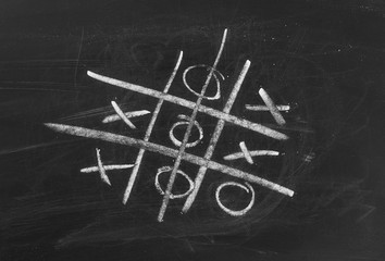 Tic-tac-toe on chalkboard, blackboard background and texture