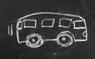School bus on chalkboard, blackboard background and texture