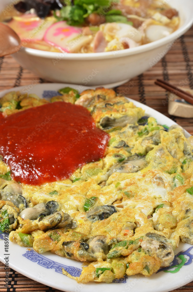 Wall mural oyster omelet,famous snack food at night market in taiwan.