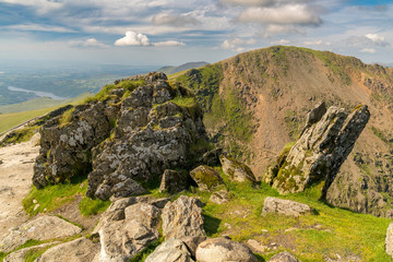 View from Mount Snowdon, Snowdonia, Gwynedd, Wales, UK - looking north at Garnedd Ugain and Llyn Padarn