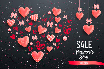 Saint valentine day background with colorful hearts with frame. Happy valentines day and weeding design elements. Vector illustration. Pink Background With hearts. Doodles and curls. Be my valentine.