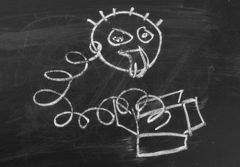 Child toy on chalkboard, blackboard background and texture